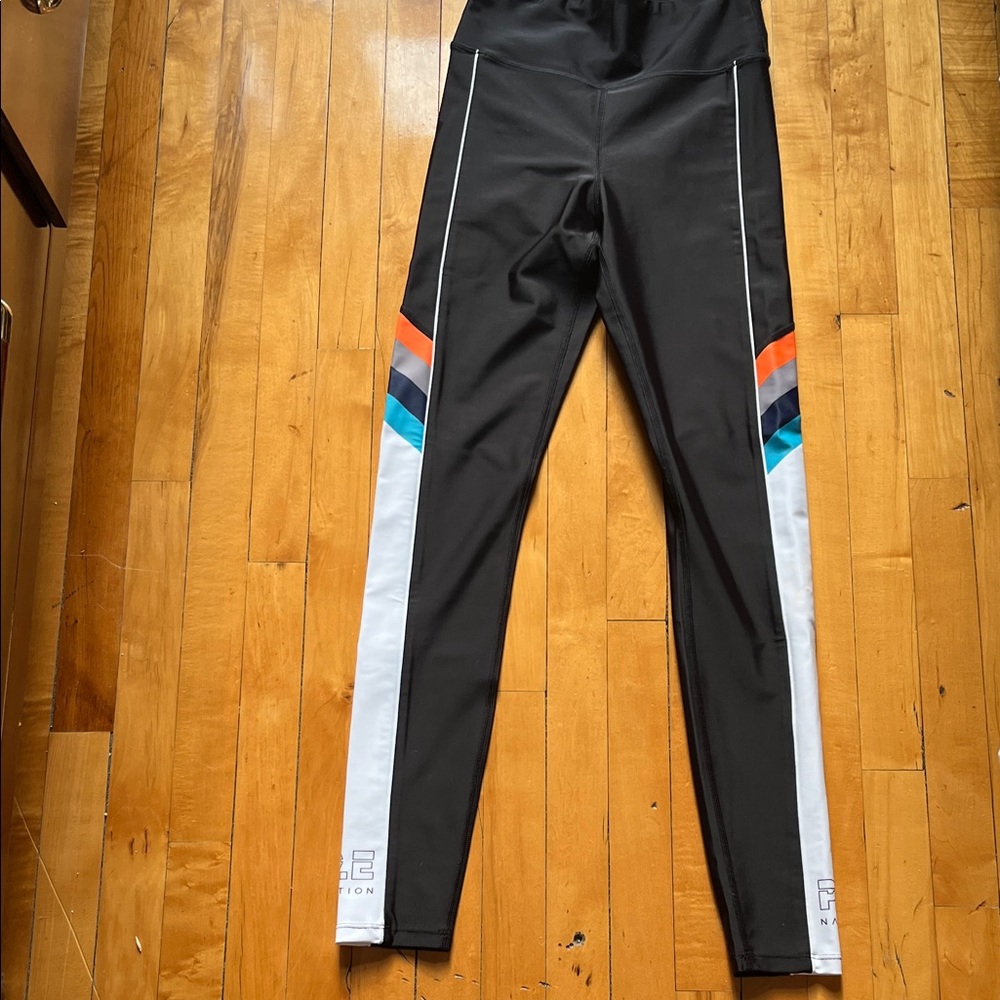 P.E Nation Black Leggings with White and Multicolor Stripes